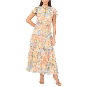 SAM AND JESS Women's Tiered Floral Flutter-Sleeve Maxi Dress Size L In Melon
